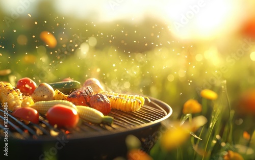 Fresh vegetables grilling outdoors in sunlight with droplets of water.