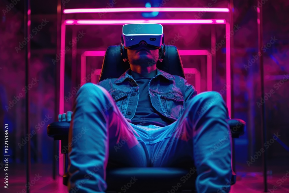 Young man in virtual reality chair with modern technologies. Young man in virtual reality chair with modern technologies.