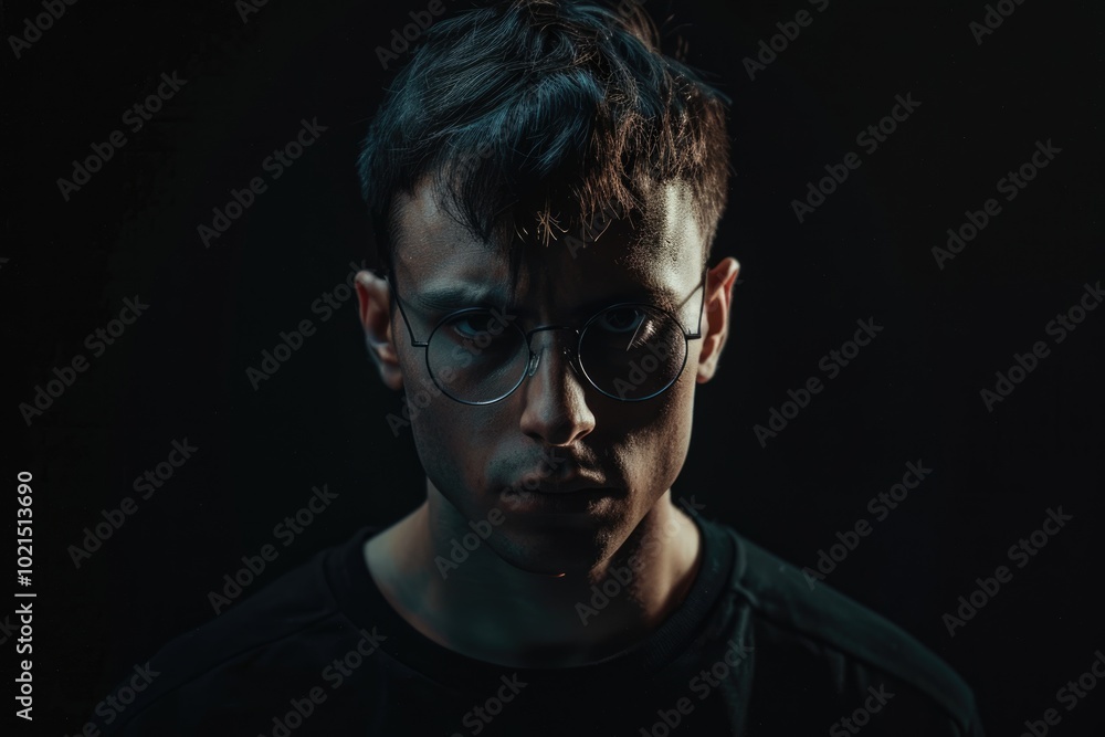 Dark portrait of man in round glasses on black background. Dark portrait of man in round glasses on black background.