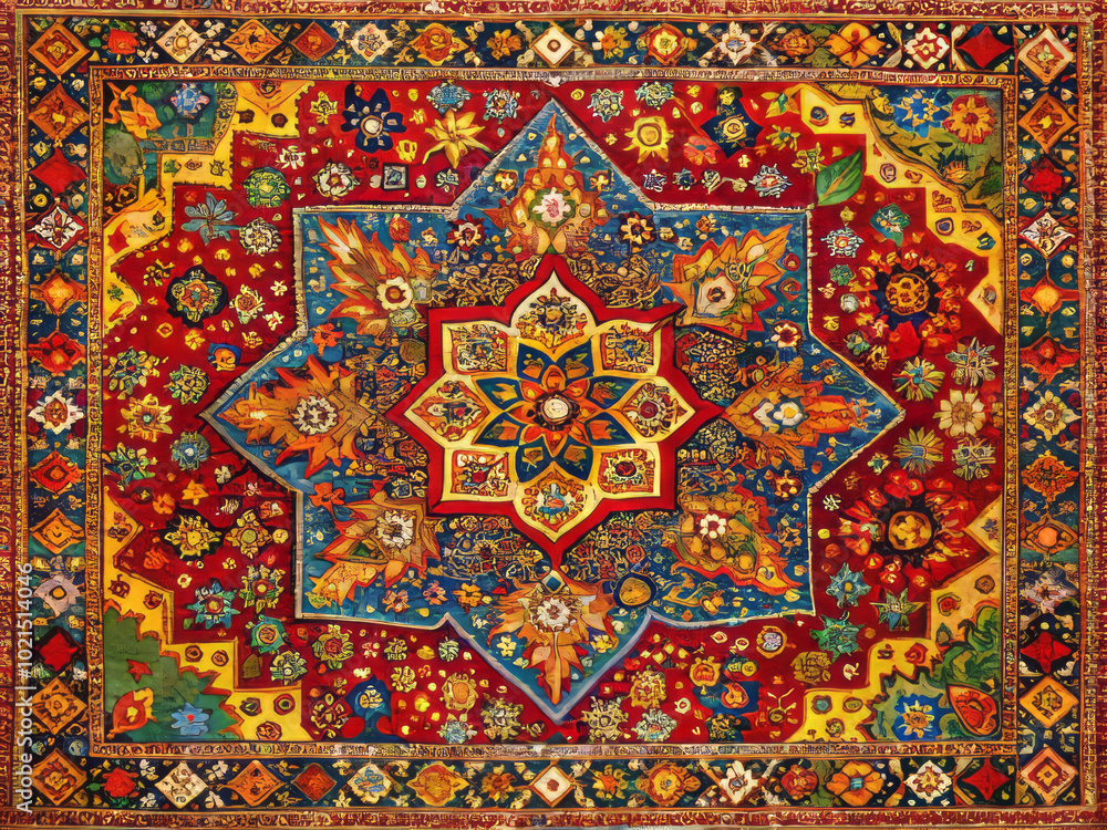 Vibrant colors and intricate geometric patterns create stunning visual display in this decorative textile. rich design features floral motifs and star shape, evoking sense of cultural artistry Vibrant colors and intricate geometric patterns create stunning visual display in this decorative textile. rich design features floral motifs and star shape, evoking sense of cultural artistry