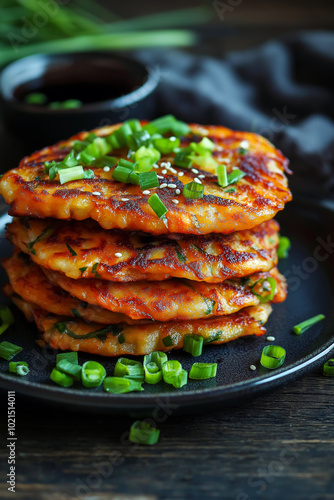 Korean kimchi pancakes stacked on a plate, garnished with green onions and served with soy dipping sauce on a dark wooden table.