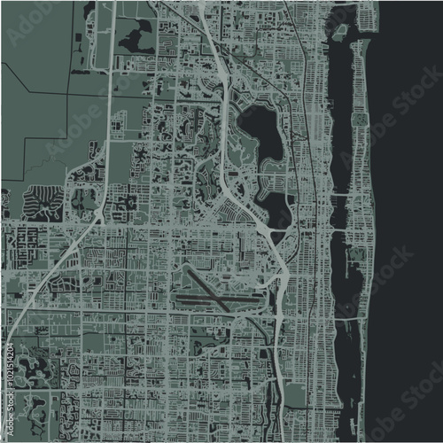 Map of West Palm Beach in Florida in a smooth dark style. Contains layered vector with roads water, parks, etc.