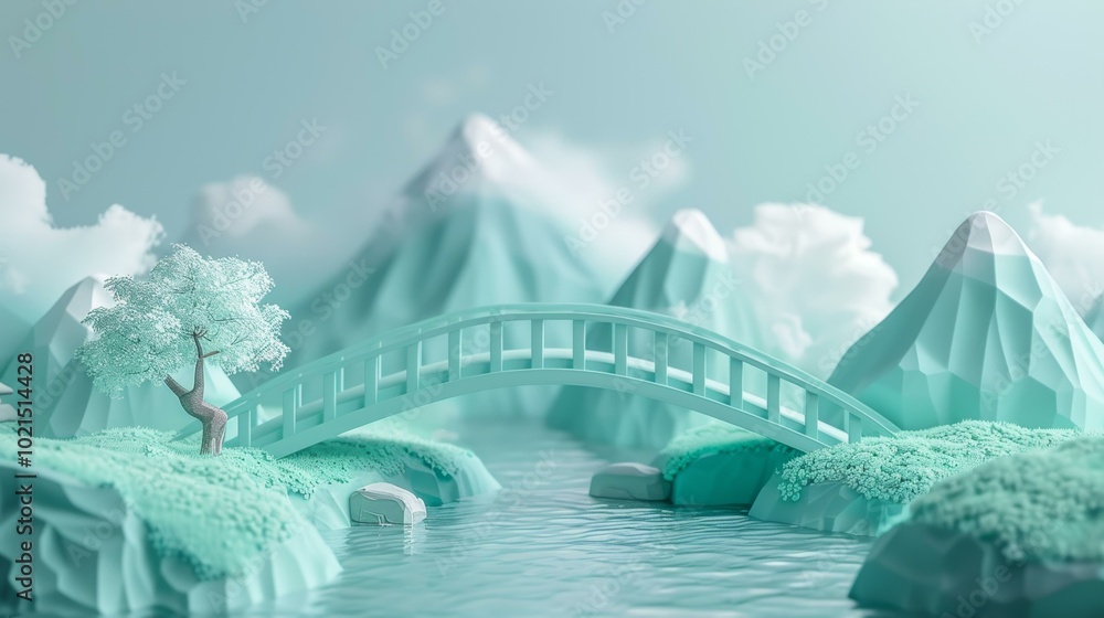 Fototapeta premium 3D illustration of a bridge over a river in a mountainous landscape