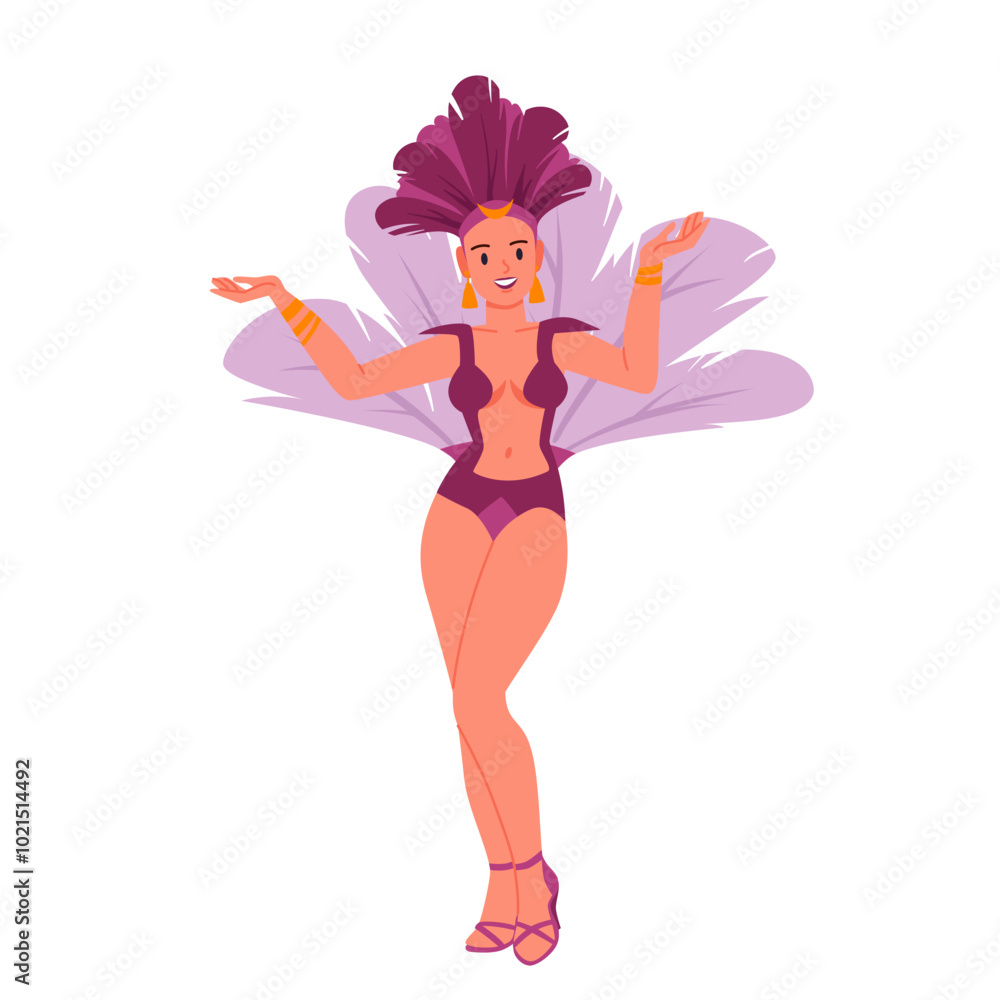 Brazilian carnival dance of happy girl in pink tropical costume with feathers. Female dancer dancing on high heels, side view of beautiful woman on parade in Brazil cartoon vector illustration Brazilian carnival dance of happy girl in pink tropical costume with feathers. Female dancer dancing on high heels, side view of beautiful woman on parade in Brazil cartoon vector illustration