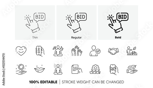 Employee hand, Flight mode and Yoga line icons. Pack of Lightweight, Employees handshake, Smile chat icon. Teamwork, Yoga music, Voting hands pictogram. Eco bike, Hold document, Info app. Vector