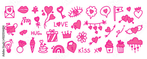 Set of Valentines Day hand drawn elements. Valentine's Day doodles set. Pink handdrawn love elements, isolated on white background. Collection of scribble hearts, cute romantic doodles. Love theme
