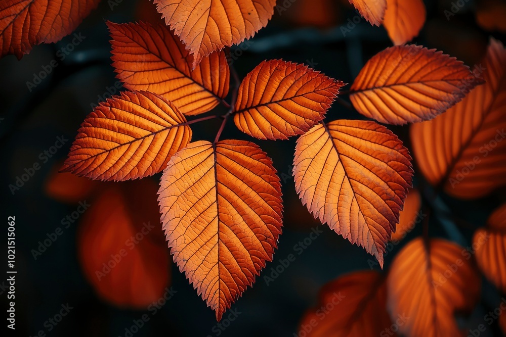 Fototapeta premium Close-up of Vibrant Orange Autumn Leaves with Intricate Veining