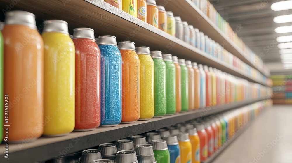 A vibrant display of colorful energy drinks in the beverage aisle, with reflective cans, 3D illustration A vibrant display of colorful energy drinks in the beverage aisle, with reflective cans, 3D illustration