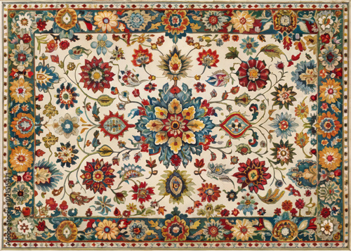 Vibrant floral patterns adorn this intricate rug, showcasing rich tapestry of colors and designs that evoke sense of elegance and warmth. Perfect for enhancing any space