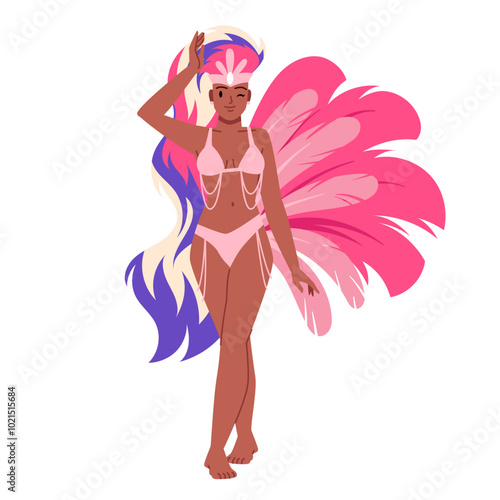 Brazilian carnival dance of happy girl in pink tropical costume with feathers. Female dancer dancing on high heels, side view of beautiful woman on parade in Brazil cartoon vector illustration