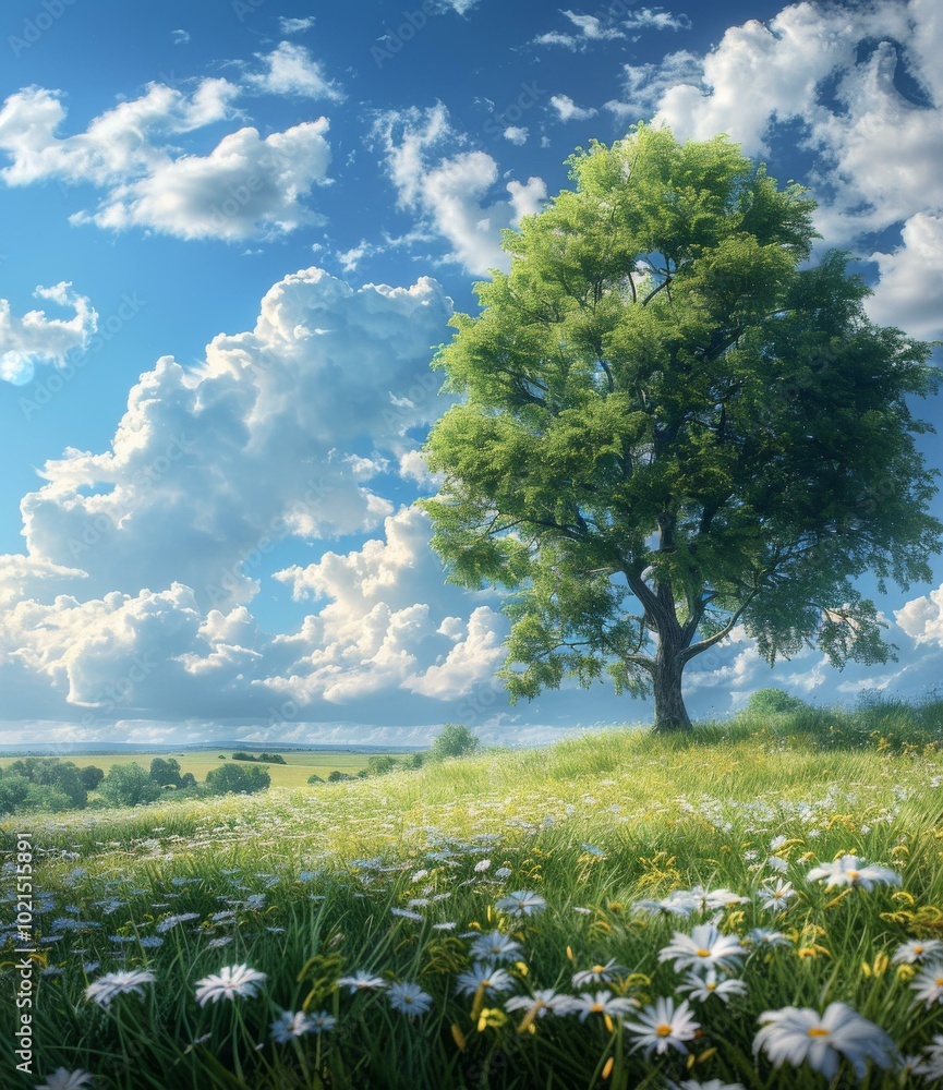 Fototapeta premium Spring Meadow with a Majestic Tree