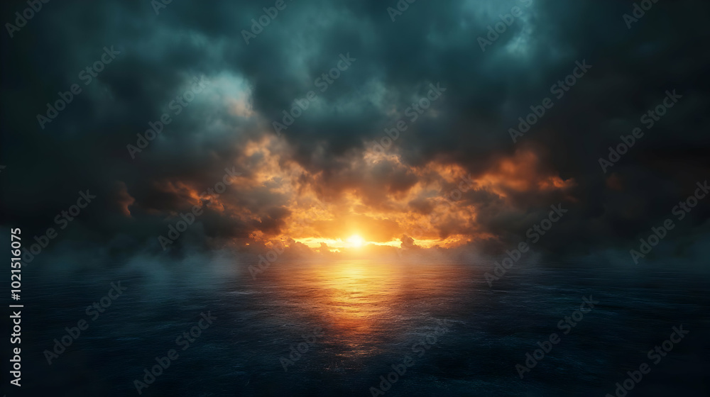 Dark Clouds with Sunset Over the Ocean - Realistic Image Dark Clouds with Sunset Over the Ocean - Realistic Image