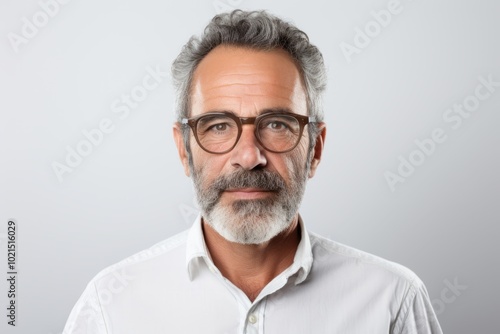 Portrait of a senior man with grey hair wearing glasses and a white shirt