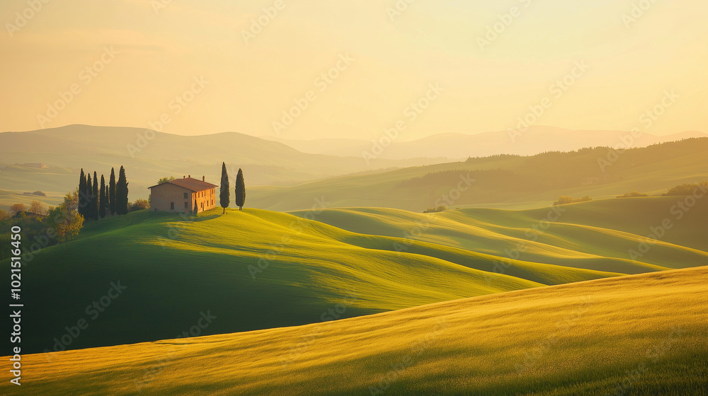 Fototapeta premium region landscape in region, sunset over the hills, sunrise over the field, landscape in region country, house in the field
