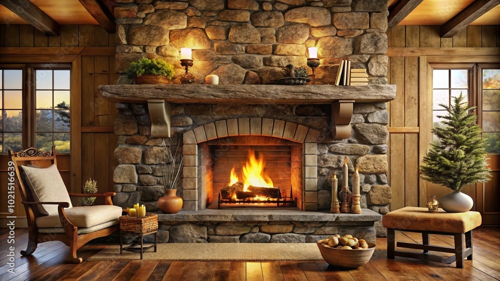 Rustic Open Hearth Cooking Fireplace Design Featuring Stone Surround and Elegant Wooden Hearth Mantel