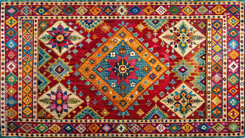 Colorful Moroccan rug featuring intricate geometric patterns and vibrant colors, adding warmth and character to any space. Its unique design showcases traditional craftsmanship and artistry
