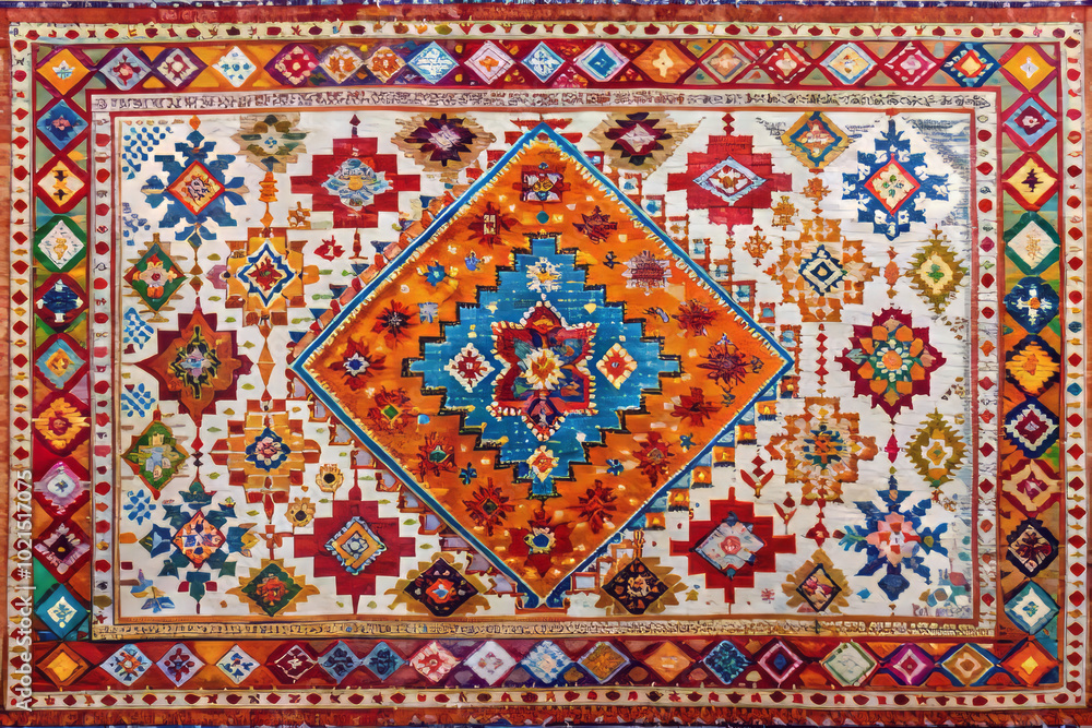 Vibrant Moroccan rug featuring intricate geometric shapes and colorful patterns, showcasing rich blend of colors and designs that evoke warmth and cultural heritage Vibrant Moroccan rug featuring intricate geometric shapes and colorful patterns, showcasing rich blend of colors and designs that evoke warmth and cultural heritage