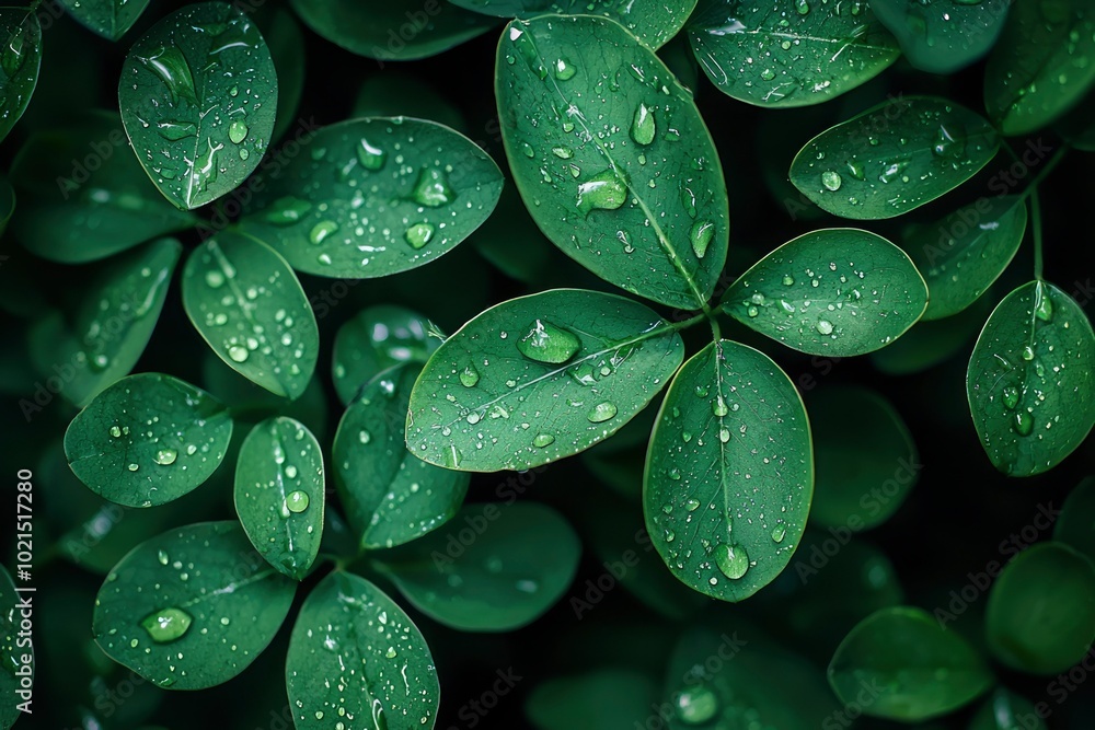 Fototapeta premium Close-up of Green Leaves with Water Droplets