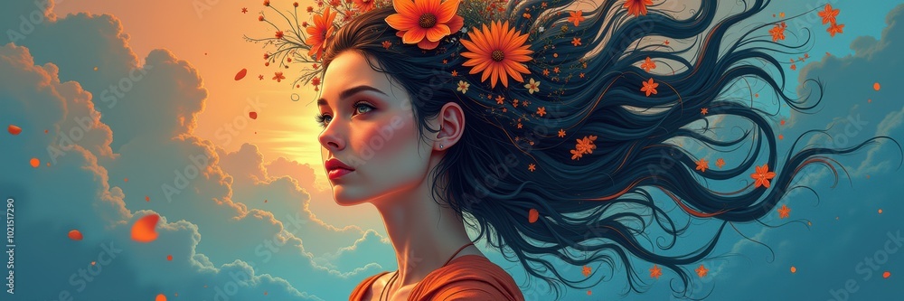 A serene portrait of a woman adorned with flowers, symbolizing nature and beauty. Ideal for wellness, fashion, or artistic projects. A serene portrait of a woman adorned with flowers, symbolizing nature and beauty. Ideal for wellness, fashion, or artistic projects.