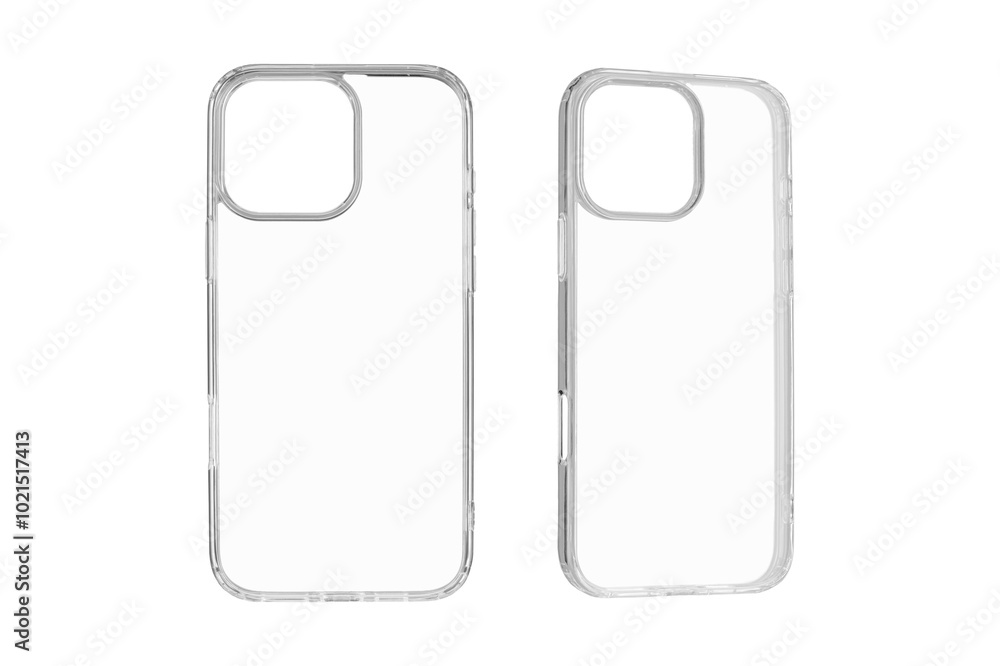 Set Transparent silicone case for latest model phone on isolated and white background close up