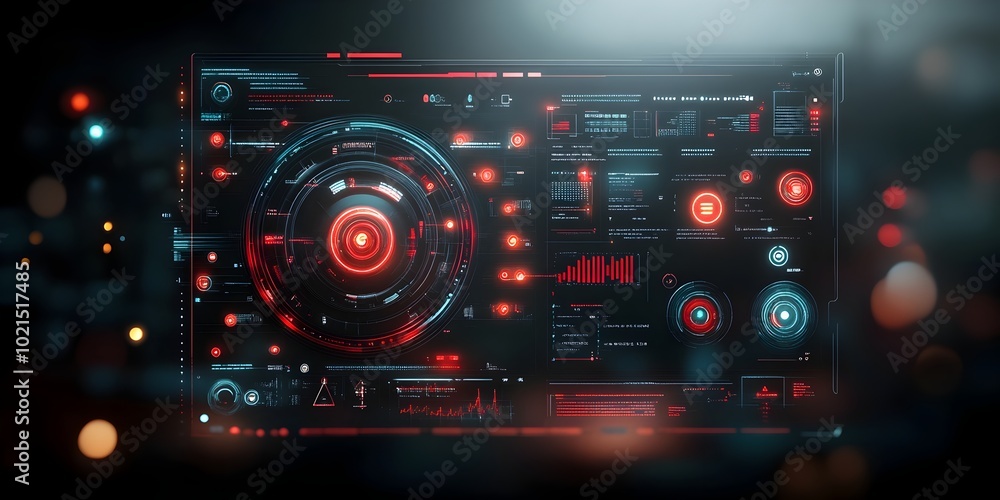 Futuristic digital landscape showcasing an immersive user interface with intricate HUD and GUI elements  Featuring a vibrant color palette neon highlights dramatic chiaroscuro lighting