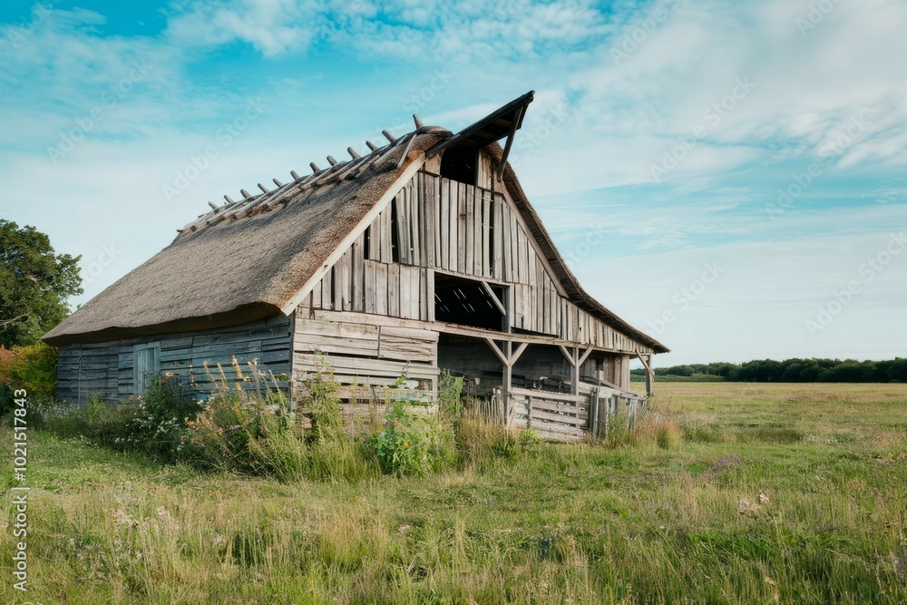 Obraz premium Old barn rustic building. Rustic old wooden barn with thatched roof, showcasing a sense of countryside history. The barn is weathered and worn, hinting at its long years of service.