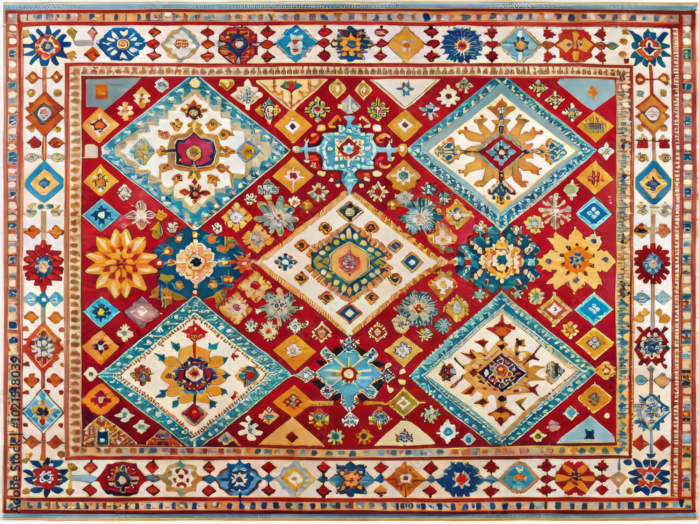 Vibrant Mediterranean rug featuring bold, intricate geometric patterns in rich colors. This stunning piece adds warmth and character to any space, showcasing artistic craftsmanship Vibrant Mediterranean rug featuring bold, intricate geometric patterns in rich colors. This stunning piece adds warmth and character to any space, showcasing artistic craftsmanship