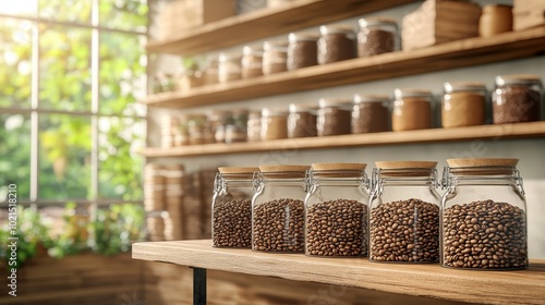 Rows of freshly brewed coffee beans in large jars, with rustic wooden shelves in the background, 3D illustration