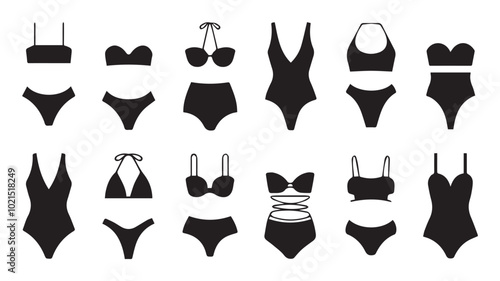Vector illustration set of silhouettes of modern swimsuits and women s underwear on white background. Bikini set for girls.