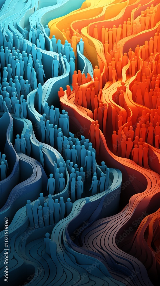 Obraz premium Abstract representation of diverse crowds flowing in harmony, symbolizing unity and diversity with vibrant blue and orange waves.