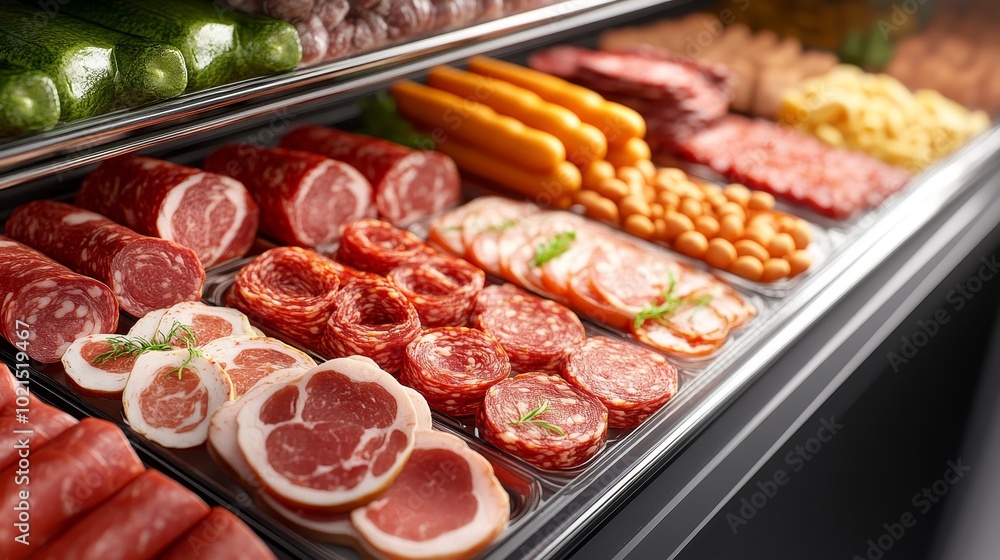 A close-up of deli meats arranged in a display case, with intricate textures and vivid colors, 3D illustration A close-up of deli meats arranged in a display case, with intricate textures and vivid colors, 3D illustration