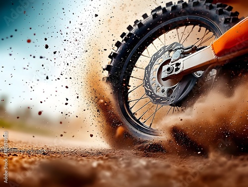 Captivating close up shot of a dirt bike tire spinning at breakneck speed kicking up a whirlwind of gritty dust and tiny debris particles on a rural dirt road background photo