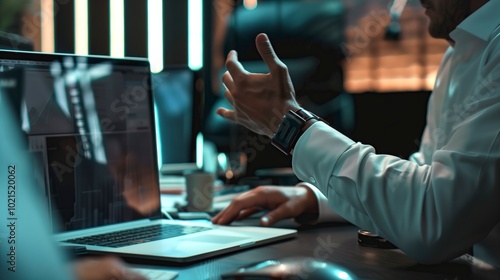 A professional man engages in a virtual meeting with colleagues, utilizing telecom technology and remote work tools to facilitate effective communication and collaboration. photo