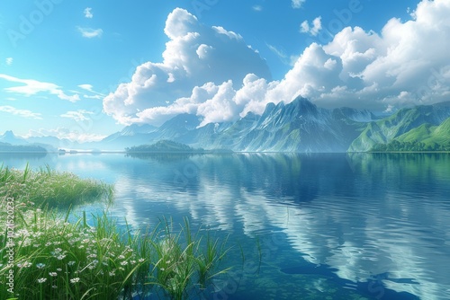 Serene Mountain Lake Landscape Illustration