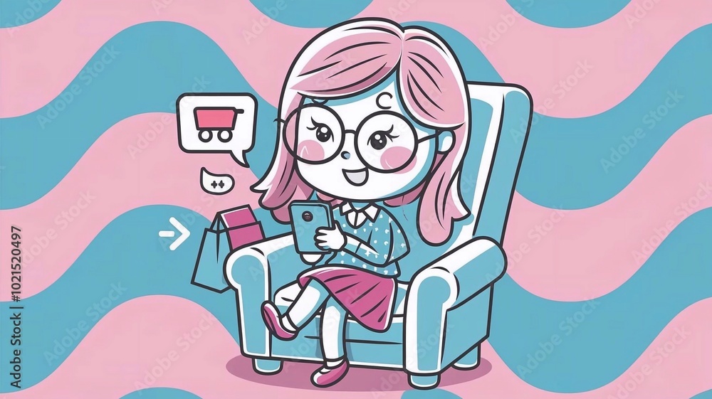 Cute Woman Shopping Online From Phone Cartoon Vector Icon Illustration People Business Isolated Cute Woman Shopping Online From Phone Cartoon Vector Icon Illustration People Business Isolated