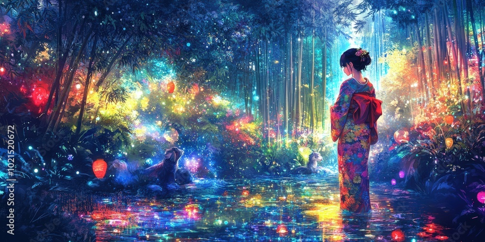 Woman in kimono by a magical river. Woman in kimono by a magical river.