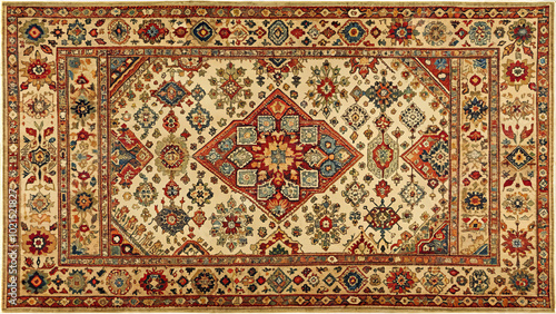 Vibrant traditional oriental rug with bold geometric patterns and intricate designs, adding warmth and character to any space