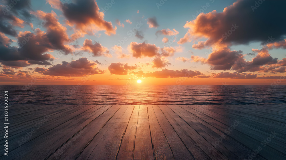 Sunset Over the Ocean With Wooden Deck Background Sunset Over the Ocean With Wooden Deck Background