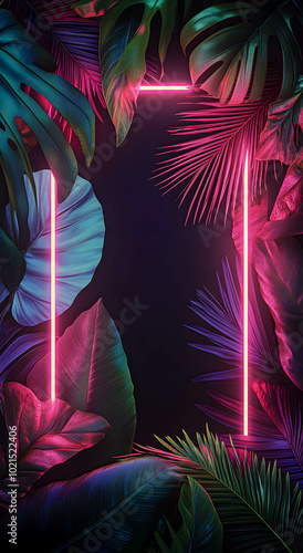 Tropical leaves and neon frame. Surreal tropical background. Tropical backgrounds concept.