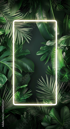 Tropical leaves and neon frame. Surreal tropical background. Tropical backgrounds concept.