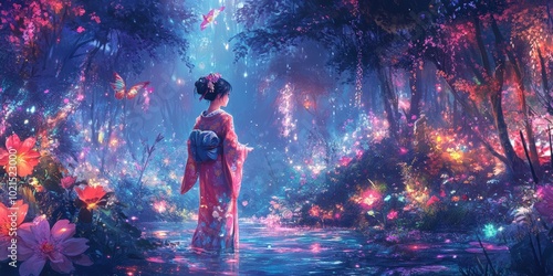 Woman in kimono walks through magical forest.