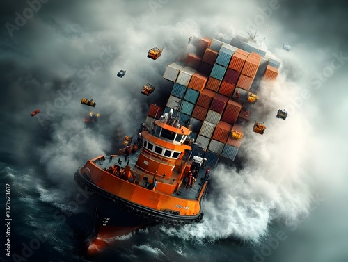 Majestic tugboat expertly maneuvering a towering container ship into a crowded harbor highlighting the skilled seamanship required for maritime logistics