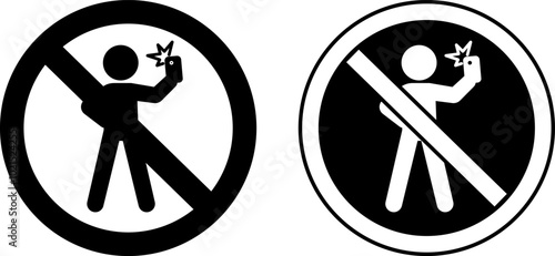 No Selfie Signs. Black and White Vector Icons. Prohibitory Road Sign. Man Taking Selfie with Mobile Phone