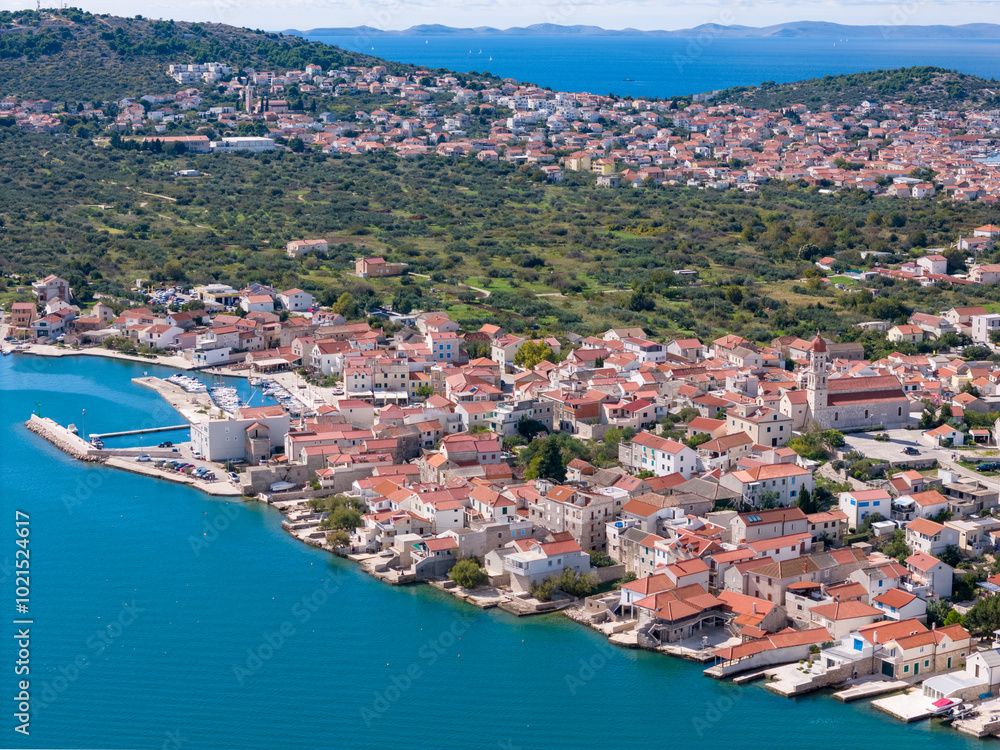 Obraz premium Aerial drone photo of the coastal town of Betina on the island of Murter in Croatia.