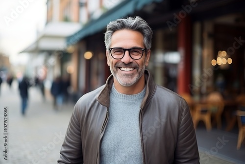 Portrait of handsome middle-aged man with eyeglasses in city