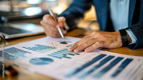 A man financial manager consults with her colleagues about budget strategies, analyzing graphs on her laptop while promoting collaboration and innovative thinking in the workplace.