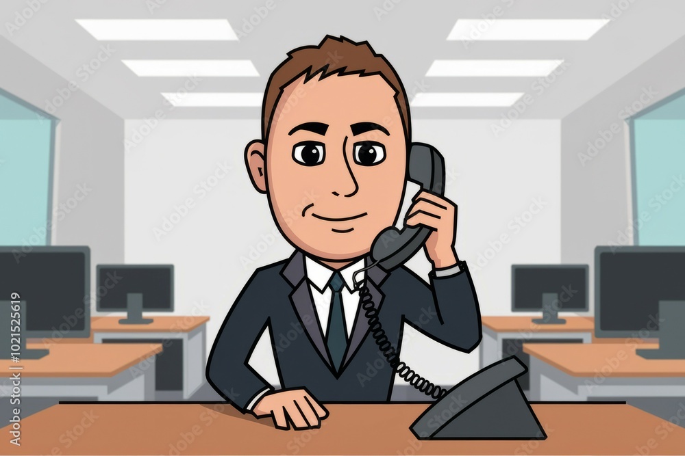 Businessman phone call. Cartoon businessman in a suit, talking on the phone in an office. The image represents communication and professionalism. Businessman phone call. Cartoon businessman in a suit, talking on the phone in an office. The image represents communication and professionalism.
