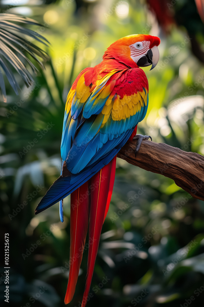 Close-up image of an ara parrot on a tropical tree branch in the rainforest Close-up image of an ara parrot on a tropical tree branch in the rainforest