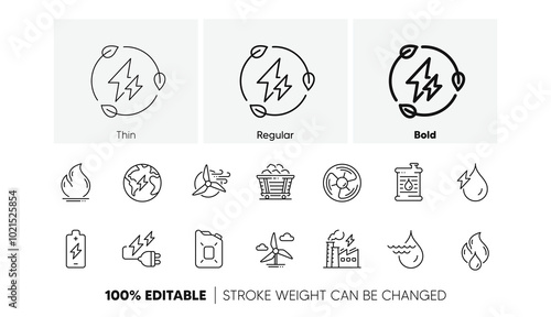 Coal Trolley and Hydroelectric Power icons. Energy types line icons. Sustainable Electricity, Battery Energy, Fuel canister. Windmill power, Coal mine and Hydroelectricity. Line icons set. Vector