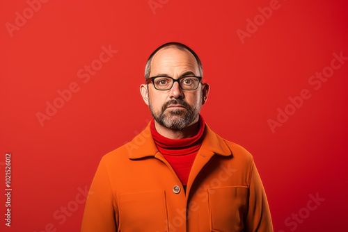 Handsome man with coat and glasses on a red background.